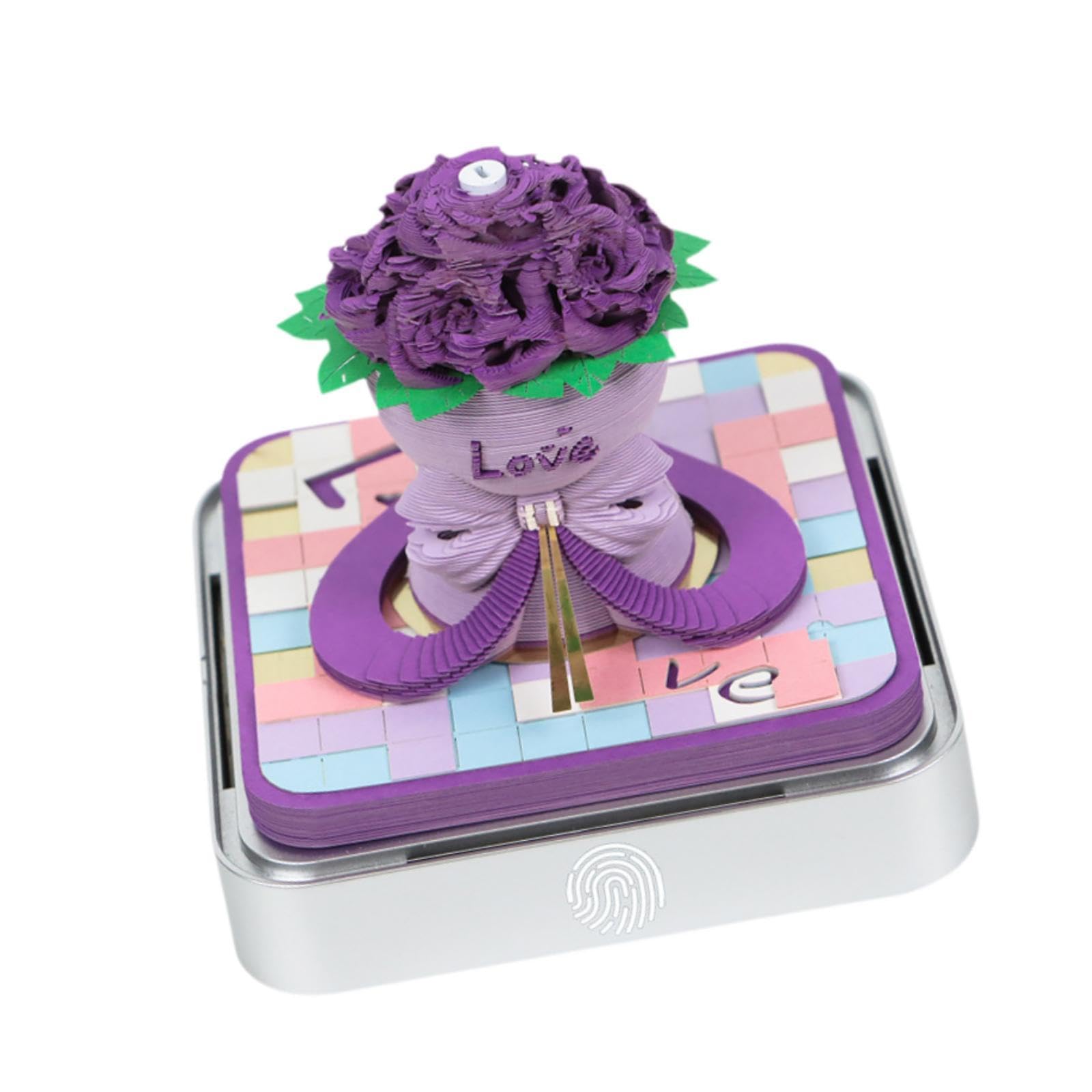 Bloc de notas 3D 2025, calendario diario de escritorio con escultura de papel de ramo de rosas con caja de exhibición acrílica, 3.8 x 3.8 x 3.35 pulgadas, color morado