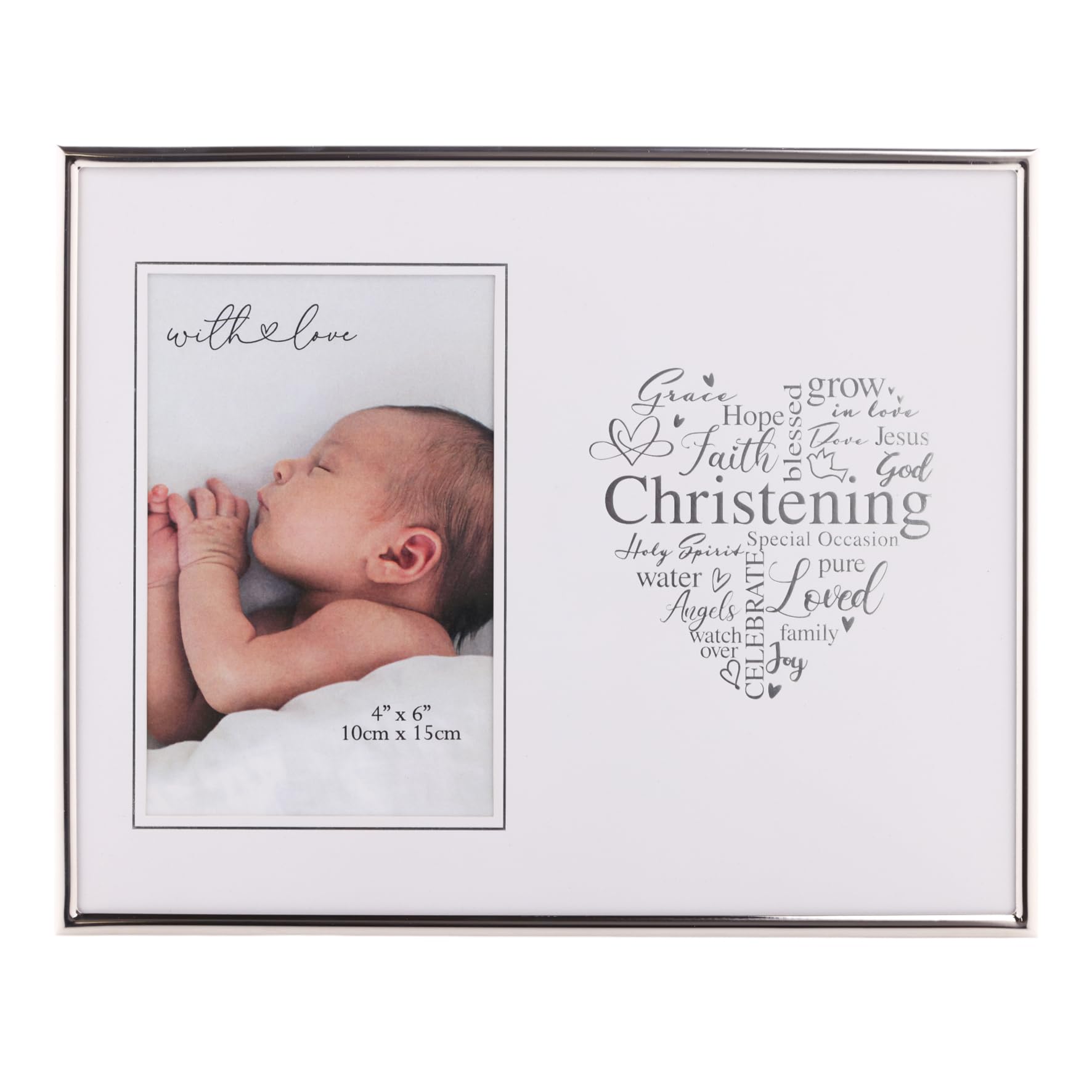 Silver Photo Frame for Christening 4'x6' Picture with Heart Script