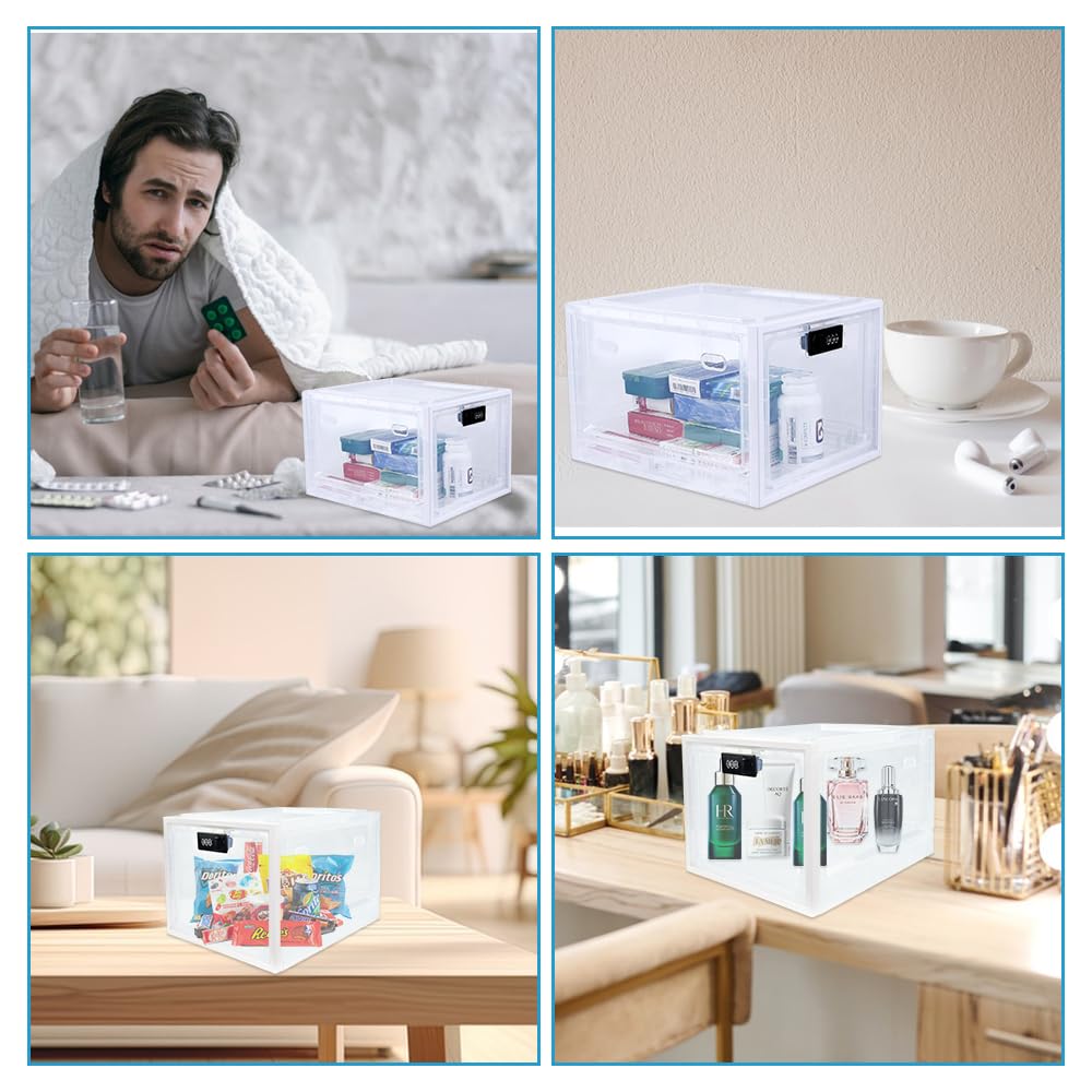 ADERTOS Caja de Almacenamiento con Cerradura Caja de Bloqueo de Medicamentos Cajas de Bloqueo Transparente Box de Seguridad para Medicamentos, Alimentos, Aperitivos, Teléfono (Blanco)