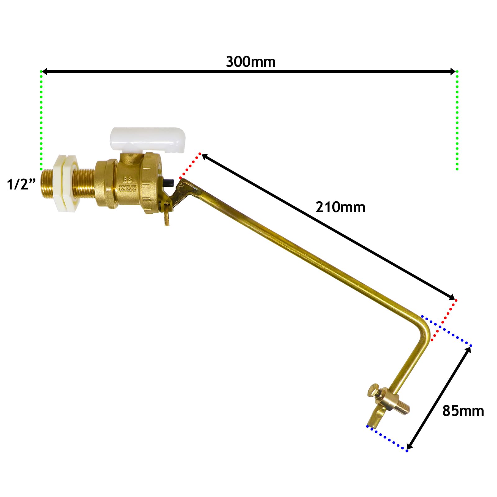 SPARES2GO 1/2" Ball Valve Part 2 Low Pressure Side Entry Toilet Cistern BS1212/2 Ballcock Float Arm, Brass - Image 2