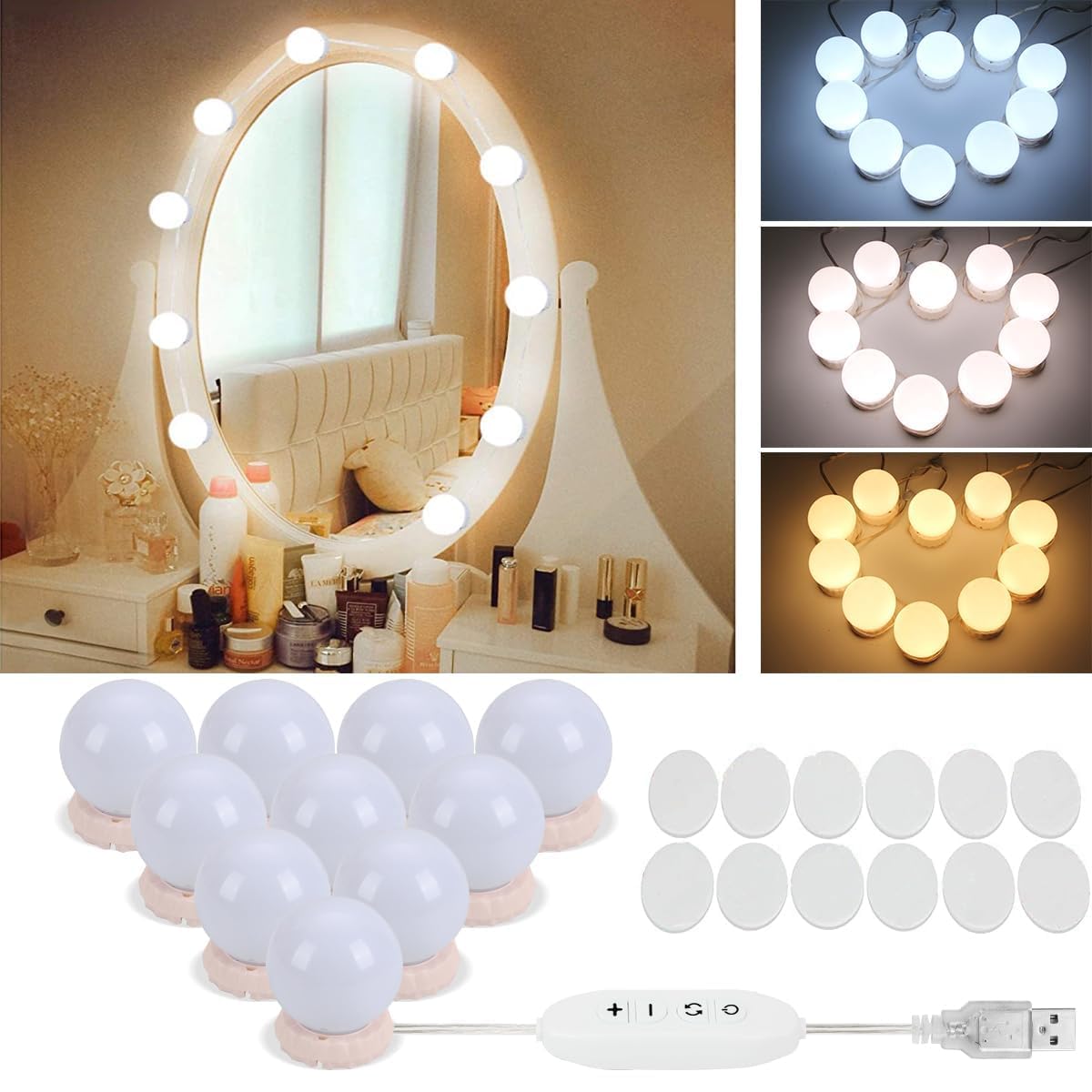 Led Vanity Mirror Lights with 10 Dimmable Bulbs 3 Color Modes, Hollywood Style Makeup Lights for Mirror | Bathroom | Dressing Room | Fixture Lights | (Mirror Light)-picture-18