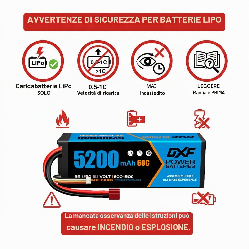 DXF Confezione da 2 confezioni da 3 batterie lipo 5200 mAh, 11,1 V, 60C, con spina Deans/T– lipo 3s perfetto per auto rc, aereo, elicottero, camion 3s lipo ideale per veicoli 1/8 e 1/10 come Tamiya