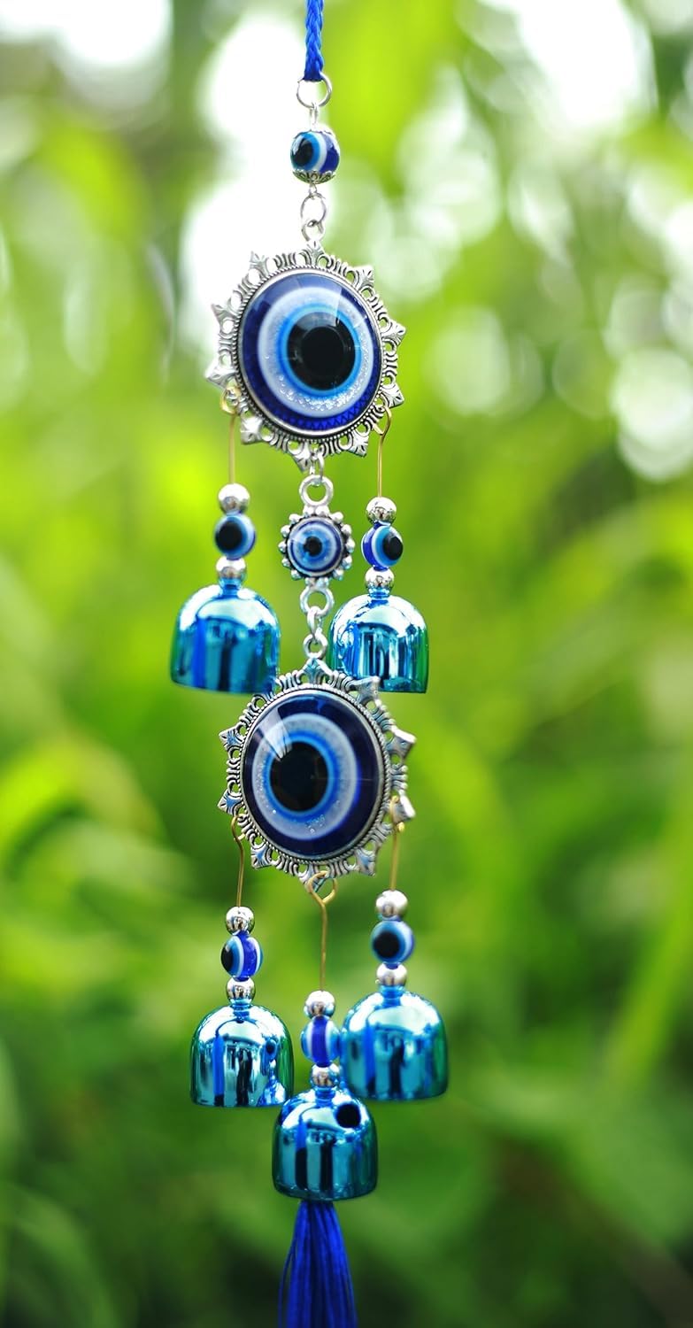 Hunaysa 5 Bell Double Evil Eye Metal Wind Chimes Hanging for Home Decor | Vastu Feng Shui Positive Energy Decorative Hanging | Good Luck-image-27