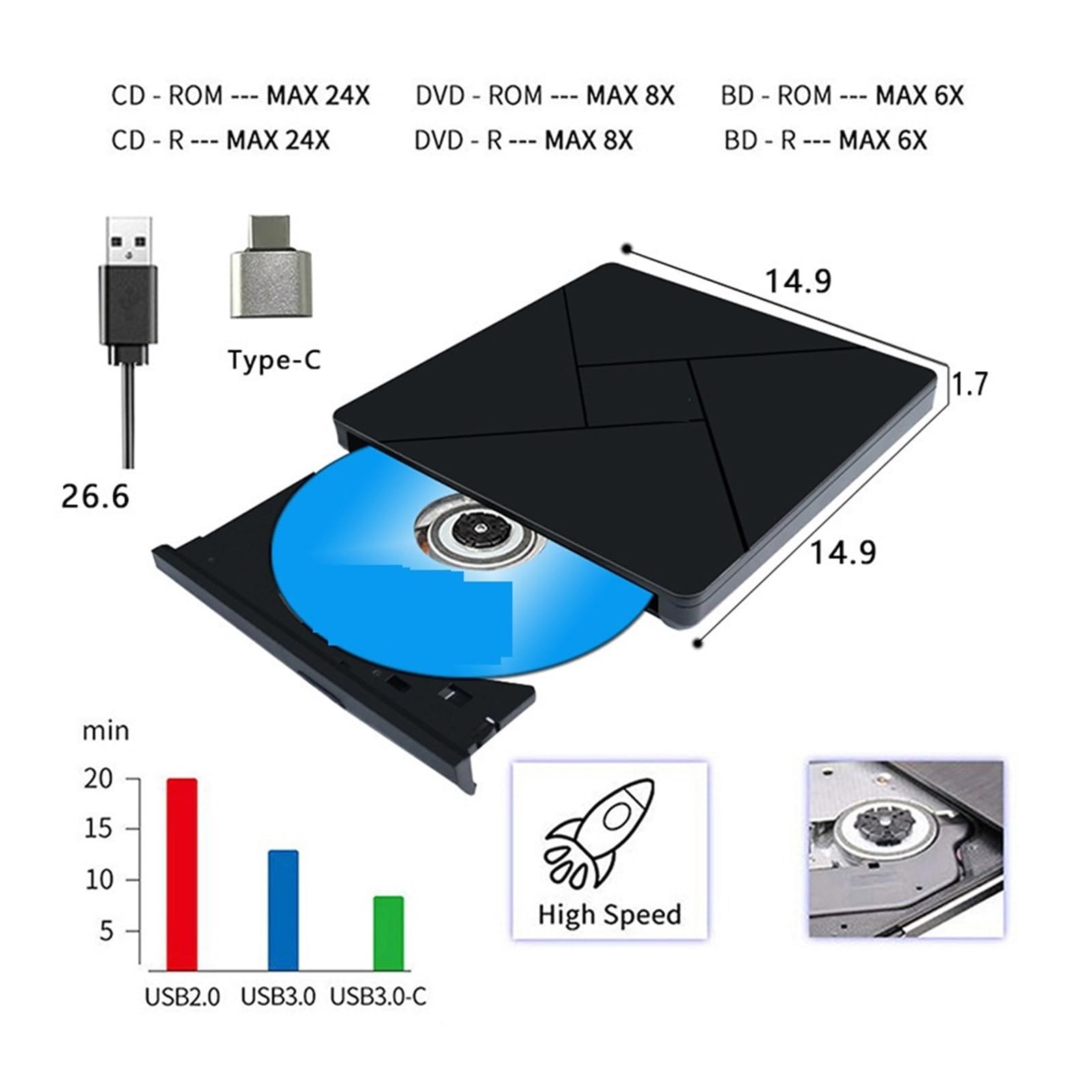 unità Ottica for Masterizzazione Blu-Ray Esterna for Laptop unità Dvd Blu-Ray USB 3.0 Masterizzatore Dvd unità Blu-Ray Porta Hdmi1080p