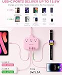 Pink Extension Cord 5 ft, Flat Plug Extension Cord with 3 Outlets 4 USB(2 USB-C) 3.1A, Power Strip Long Pink Cord 1625W, Compact for Cute Kawaii Desk Home Bedroom Room Essentials