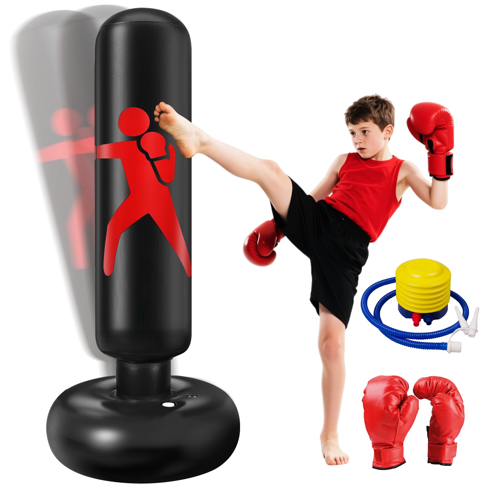 Punching Bag for Kids Ninonly 160cm Inflatable Kids Punching Bag with Boxing Gloves Stable Free Standing Punch Bag for Practicing Karate, Taekwondo, MMA, Birthday Gifts for Boys & Girls(Hit)