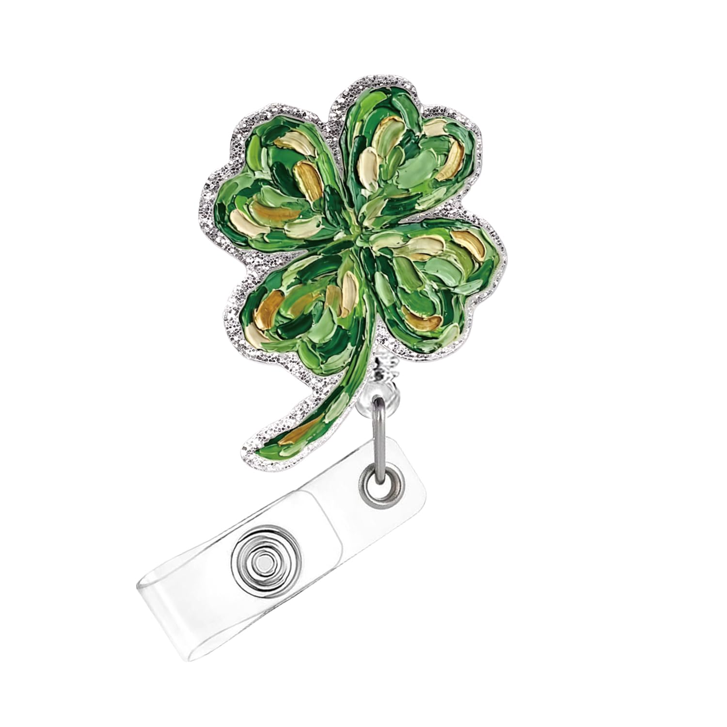 St. Patrick's Day Badge Reel,Fun Four-Leaf Clover Acrylic Badge for ID Card Badge,Cute Telescoping Retractable Badge Holder Alligator Clip Accessories for Nurse,Medical Worker,Nursing Student,Teacher