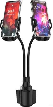 Double Phone Holder for Car Cup Holder Extra Long and Flexible Neck, 360 Rotatable Cradle Car Phone Mount - Adjustable Cell Cup Holder, Universal Size Fits 2 iPhone, Samsung, GPS
