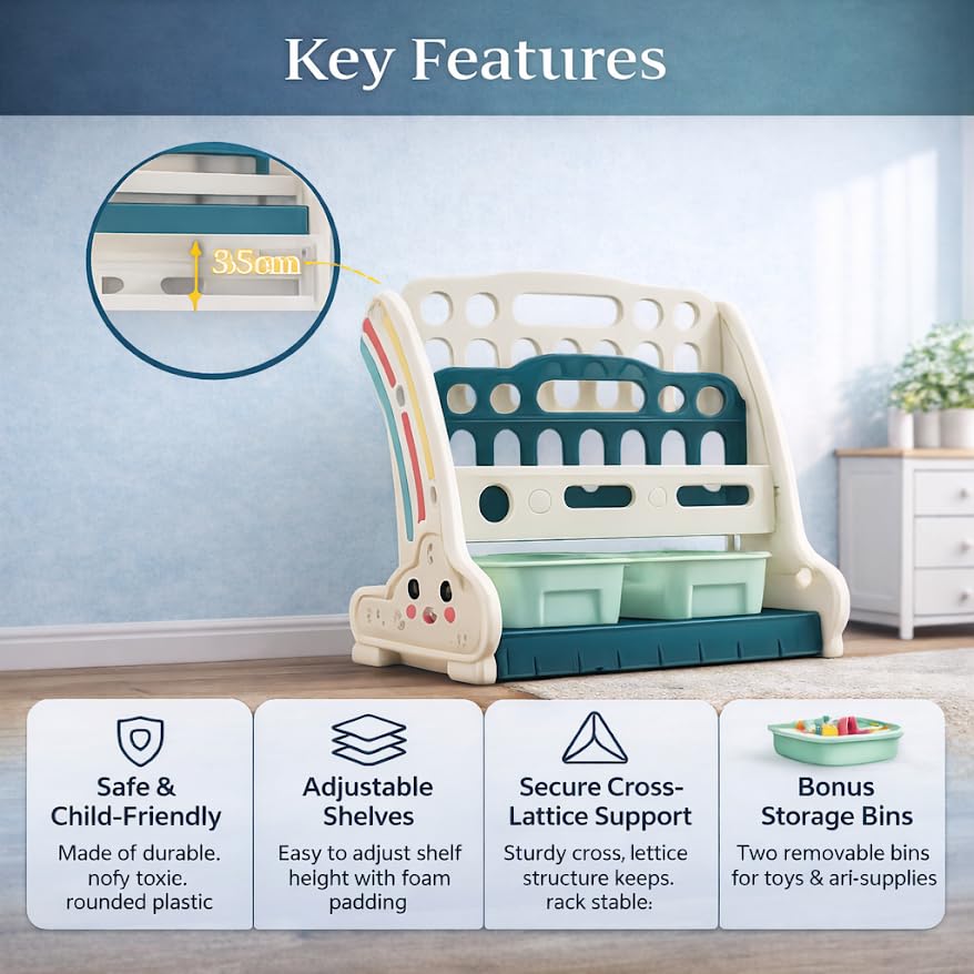 Image of 2 in 1 book shelf Cabinet for kids with toy organizers storage box for Home front facing display Storage bookshelf Rack for kid , 2‑Tier book shelves for kids with Storage Bin for Playroom Montessori