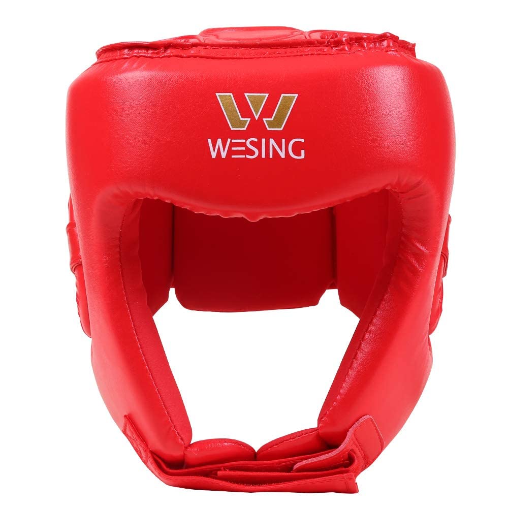 Wesing Professional Boxing Headgear Muay Thai Martial Arts Training Sparing Headgear Without Cheeks (Medium, Red)
