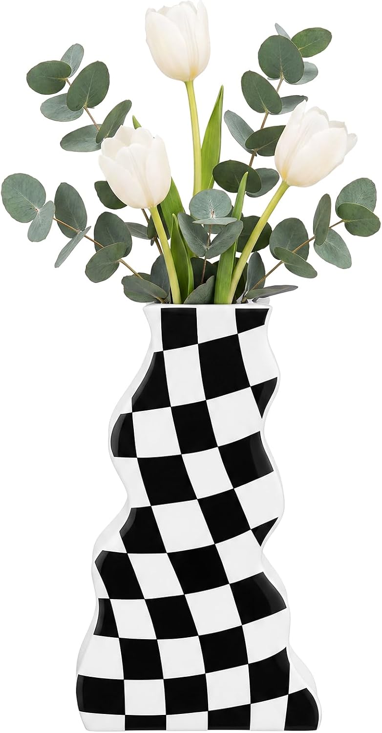 Black White Checkered Decorative Vase for Home Decor 9 Inch image 4