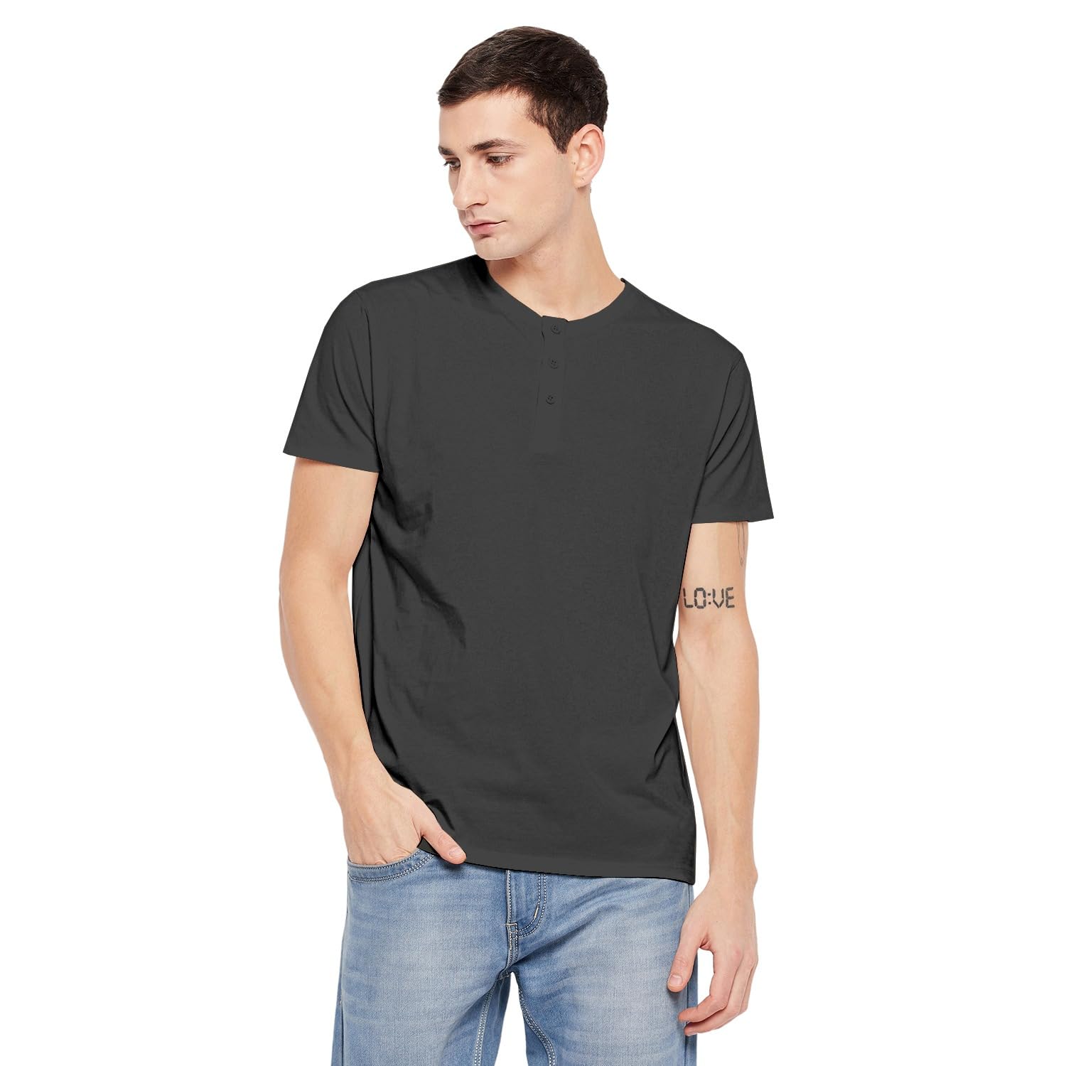 KAMELEONMen's Slim Fit Cotton Henley Neck Half Sleeve Solid T Shirt, Casual Tees for Boys_S to 3XL