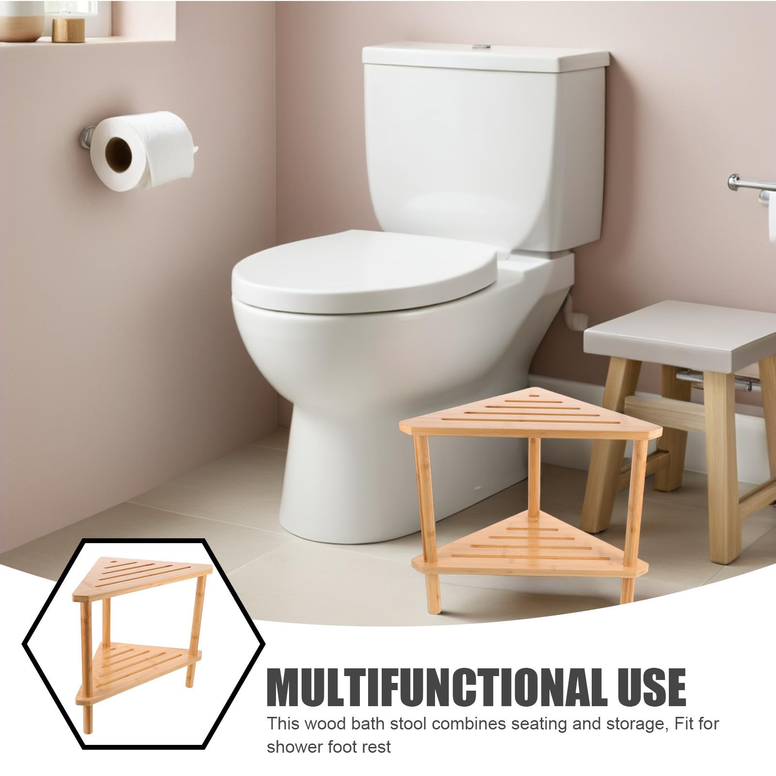 ibasenice Banco para Baño Diseño Triangular Doble Capa, Reposapiés y Taburete para Cambiar Zapatos de Madera y Bambú Base Triangular Ensanchada