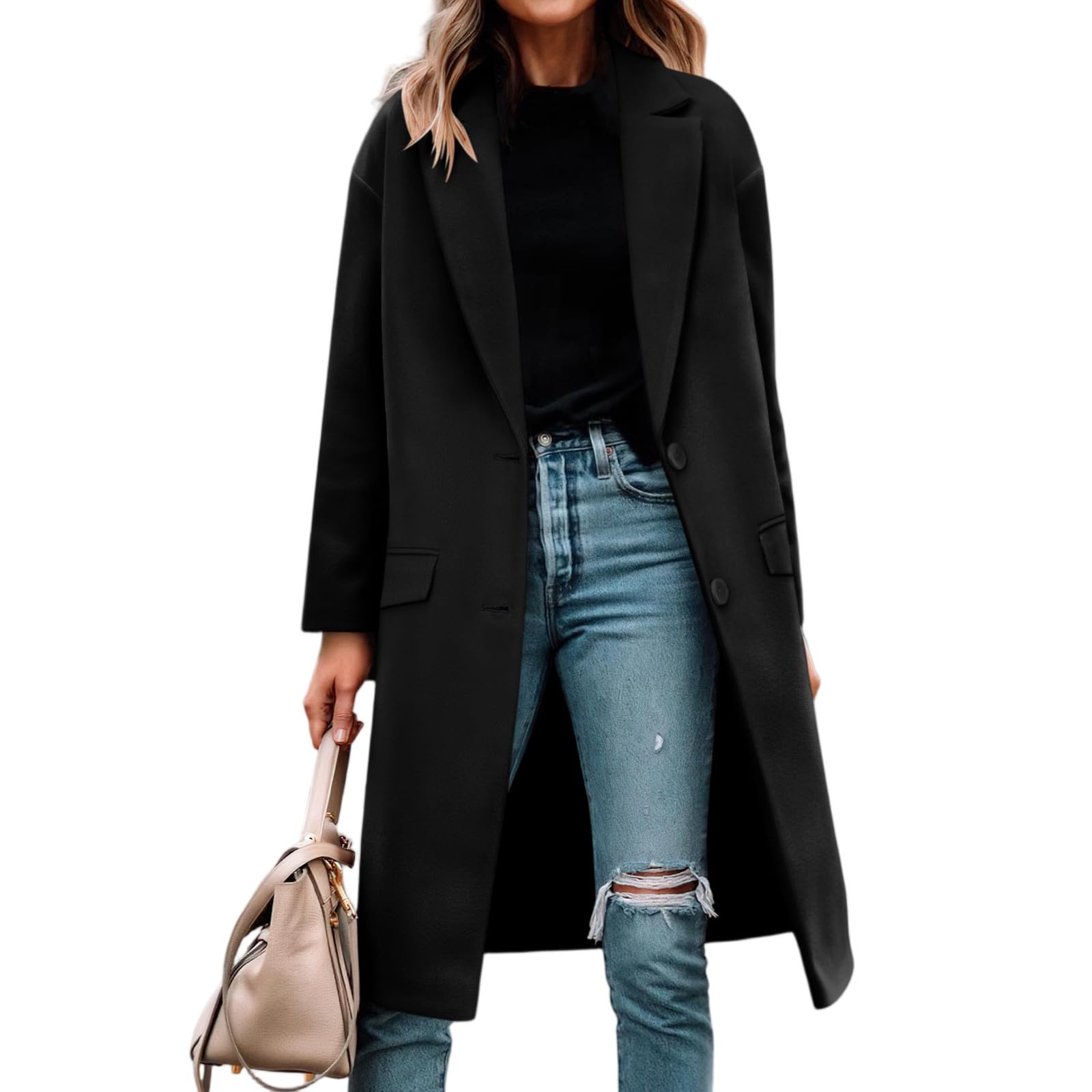 Generisch Trenchcoat Damen Lang Wollmantel Dicke Oversize Winterjacke Warm Elegant Damen-Jacken Umlegekragen Wintermantel Mit Knöpfen Übergangsjacke Einfarbig Wolljacke Frauen Langarm Mantel