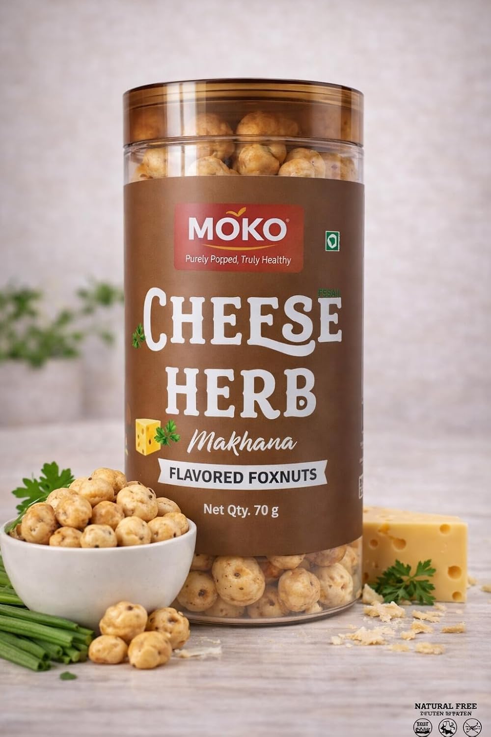MOKO Cheese & Herb Makhana β Roasted Foxnuts Snack, Gluten-Free & High Protein, Healthy Lotus Seeds, Light & Crunchy Evening Snack, 70g 1