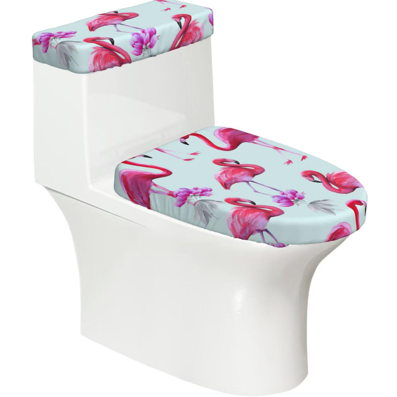 Pink Flamingos Print 2-Piece Stretch Toilet Cover Set, Elastic Breathable Toilet Seat and Tank Lid Protector