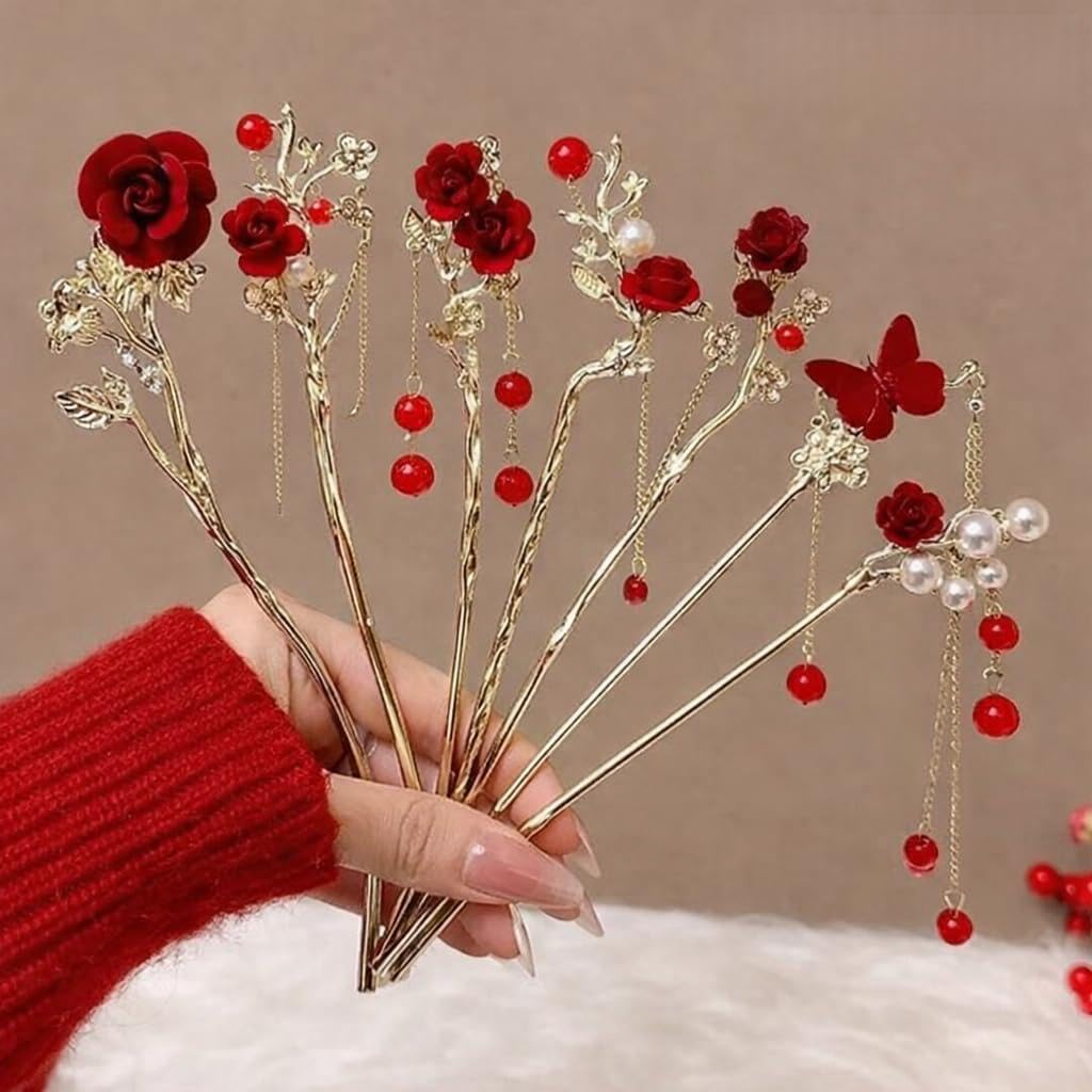 Diversa Vintage Red Rose Hair Sticks with Pearls – 4-Piece Metal Hair Pin Set with Butterfly & Chain Designs for Women, Elegant Hair Accessories for Buns & Updos-image-12