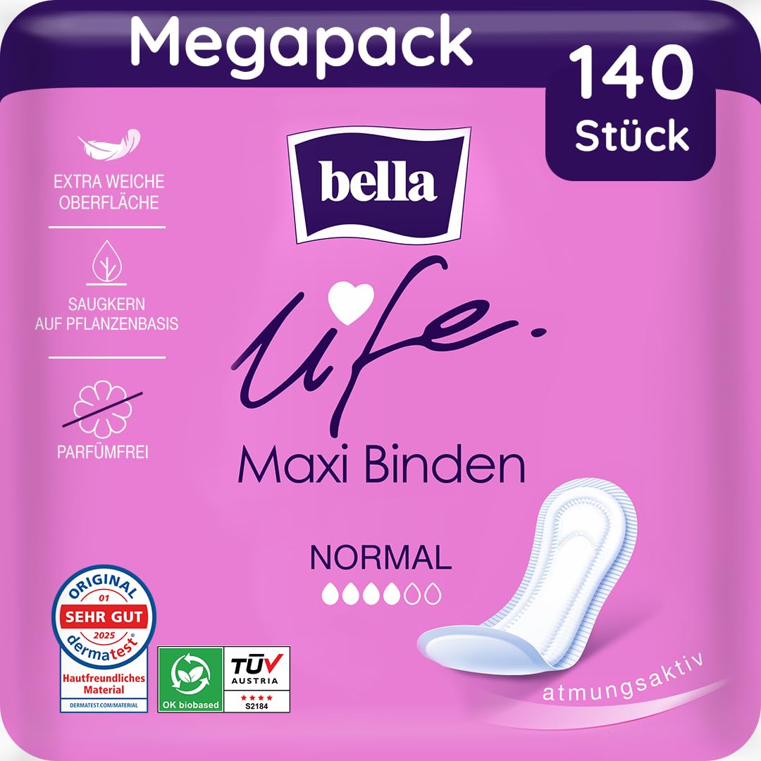 bella life Maxi Damenbinden ohne Flügel Normal 140 Stück (7x20) weich parfümfrei