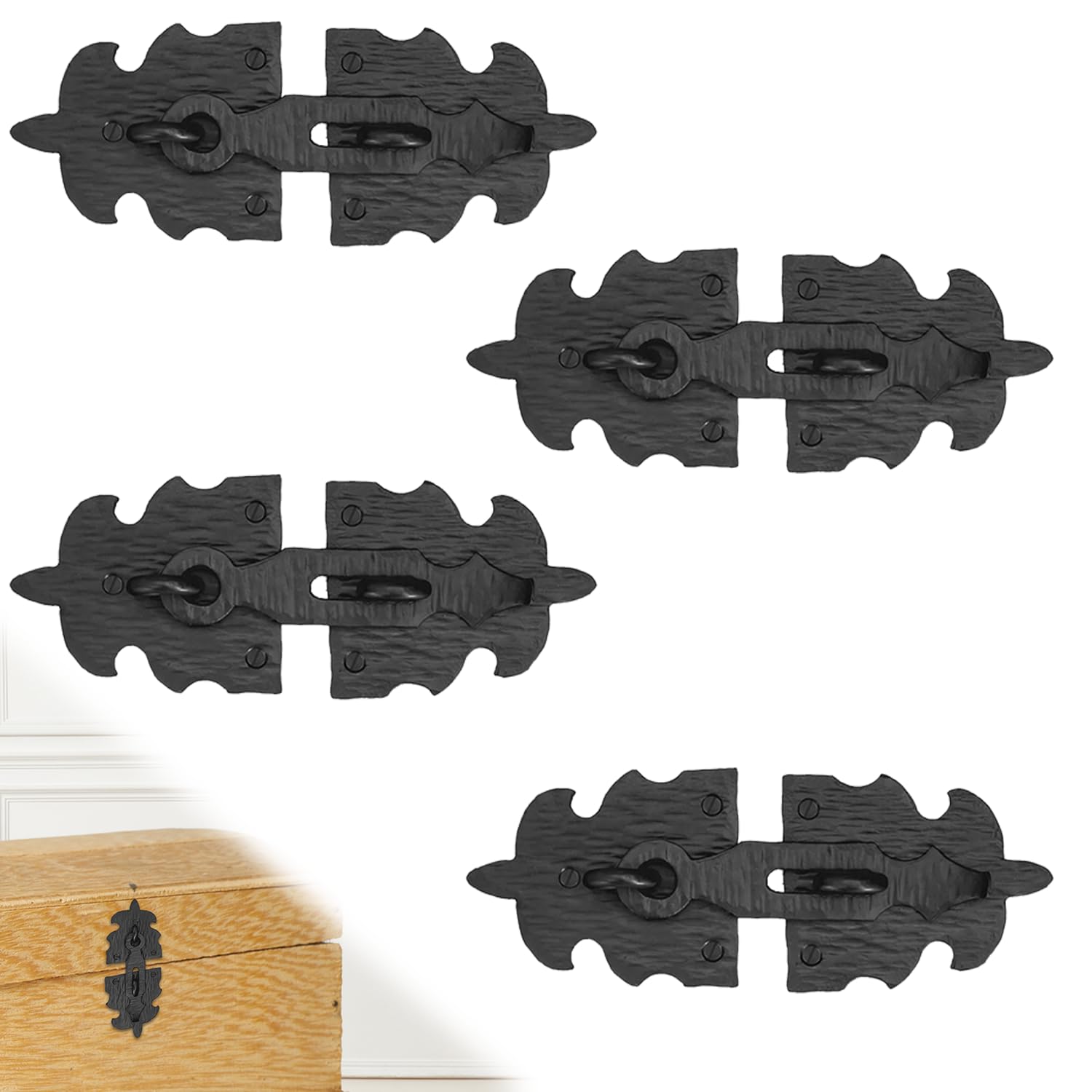 4 Pack 7 Inch Furniture Hasp for Gates - Black - Heavy Duty Decorative Metal Hasps - Handmade Rustic Iron Furniture Hasps for Door, Drawer, Chests, Cupboard and Trunks - The Sonora Series