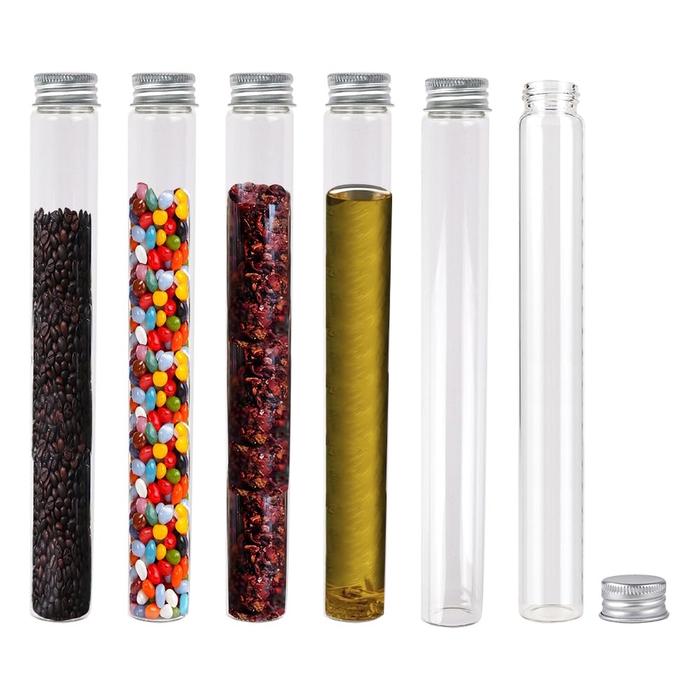 6 Pièces 90ml de Fiole en Verre Transparente de avec Couvercle en Aluminium, Tube a Essai Verre, Etc, Approprié à La Décoration de Laboratoires Scientifiques (6,90ml)