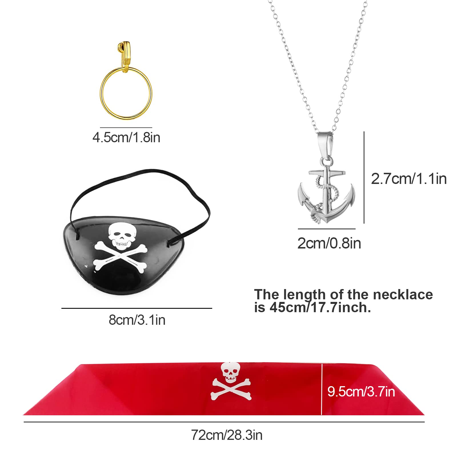 7 Stück Piratenkostüm Zubehör Set Damen - Dreispitz Augenklappe Gürtel Für Karneval Halloween