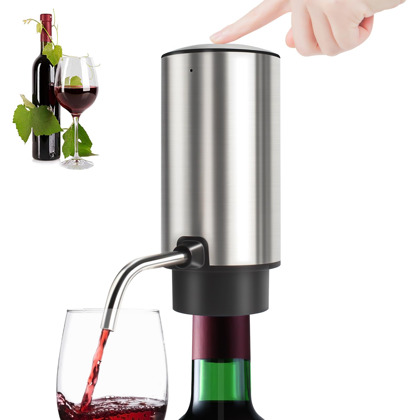 KUFUNG Electric Wine Aerator Wine Pump Dispenser for Wine Bottles - Elegant Stainless Steel Design, Rechargeable - Gift for Wine Lovers（B) (Silver)