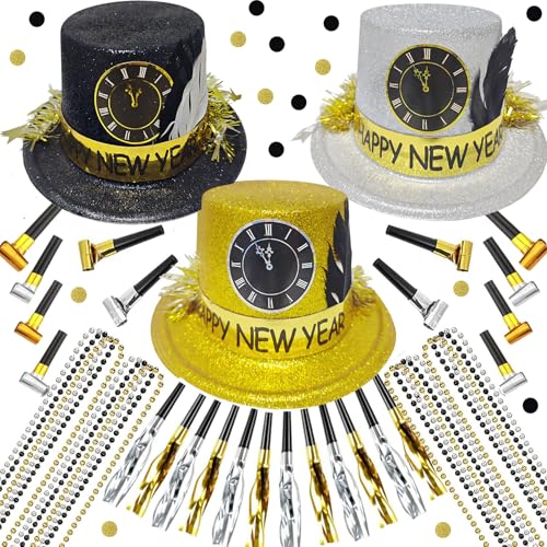 Bdecoll Juego de 39 piezas de decoración de Nochevieja 2025, brillante, negro, dorado, plata, sombreros de fiesta de Año Nuevo, sombreros de fiesta, para decoración de Año Nuevo 2025, accesorio de