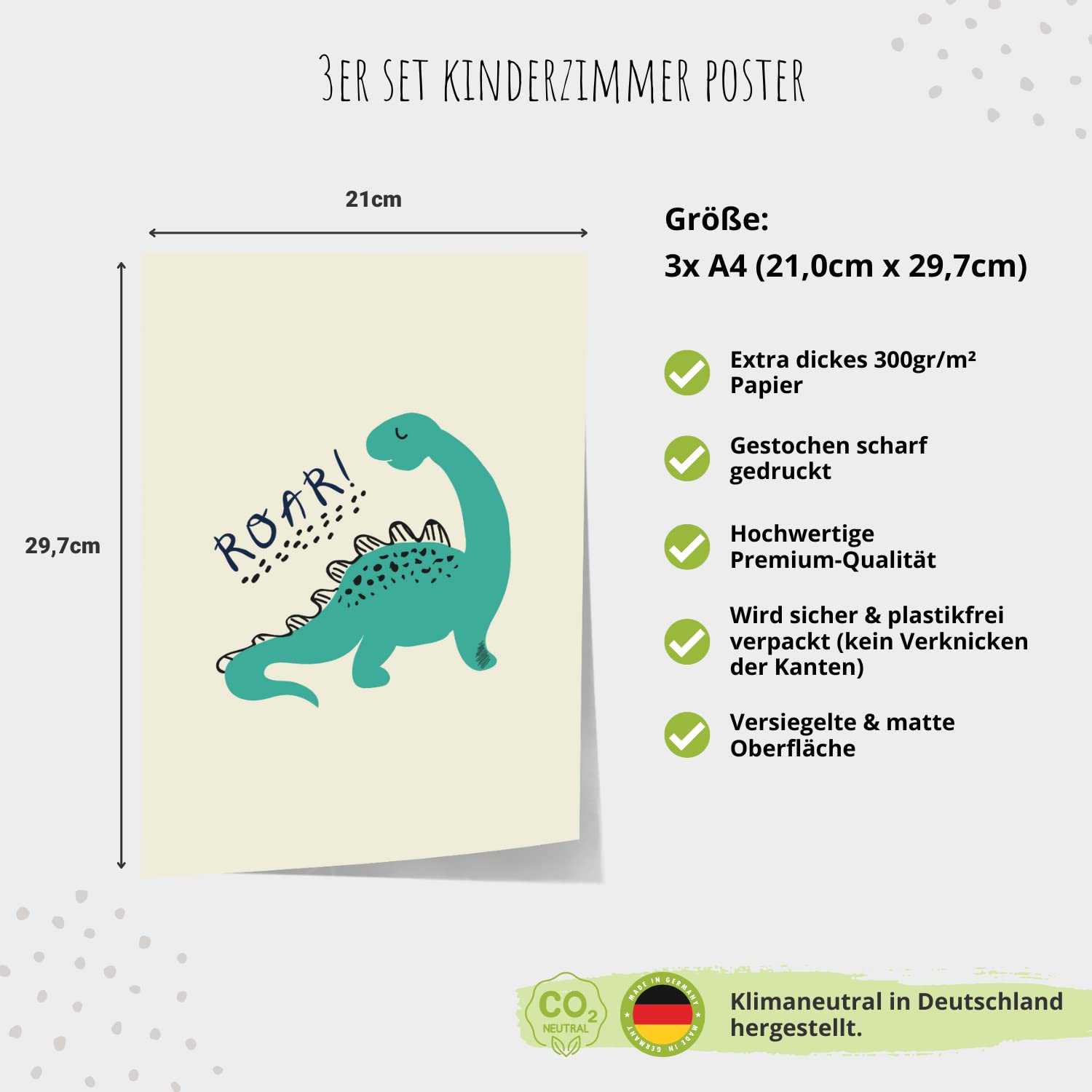 MeinBaby123 Póster de dinosaurio para habitación infantil, juego de 3 dinosaurios, DIN A4, imágenes para habitación infantil, imágenes decorativas de dinosaurio, decoración para habitación de bebé