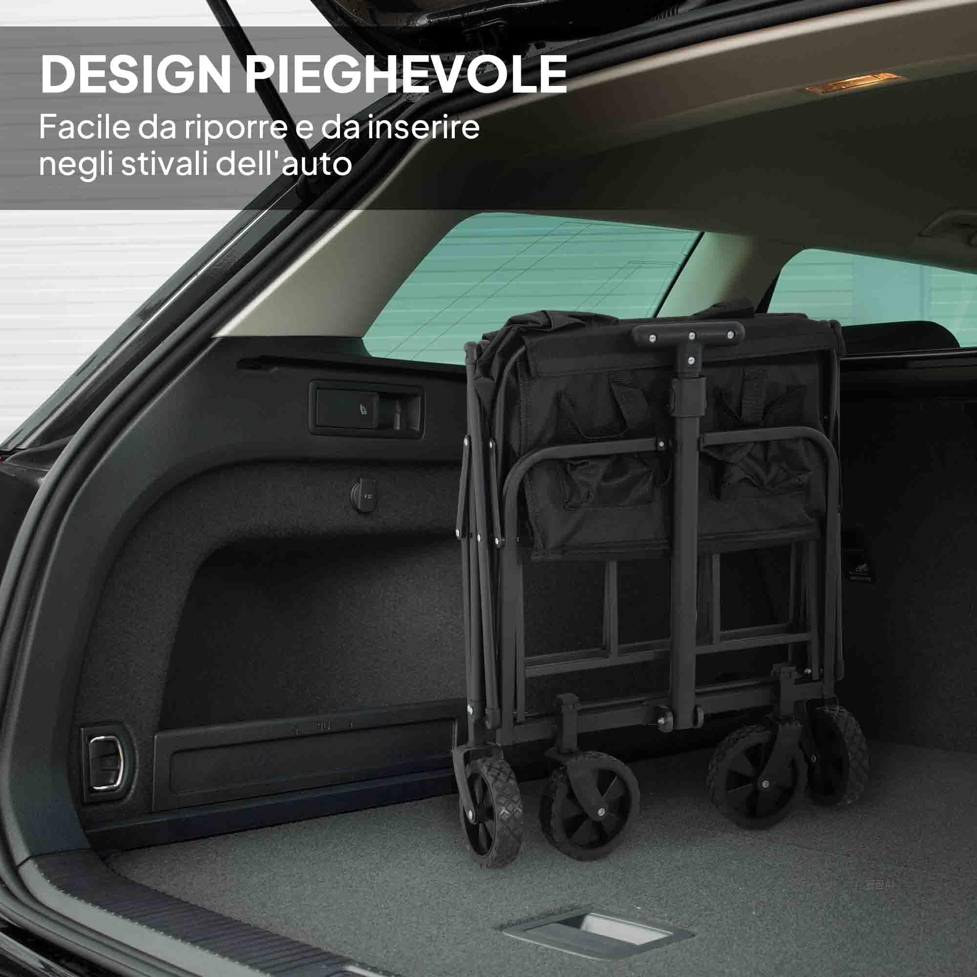 Outsunny Carrello da Giardino da 62L con Ruote Girevoli, Carrello Spiaggia Pieghevole in Metallo e Tessuto Oxford con Borsa e Maniglia Girevole e Regolabile, 76x48x86 cm, Nero