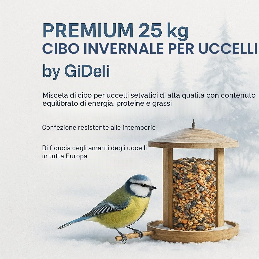 GiDeli Mangime invernale per uccelli, 25 kg, per uccelli selvatici, tutto l'anno, per giardino e balcone, con semi di lino, ricco di omega-3, calcio, senza additivi