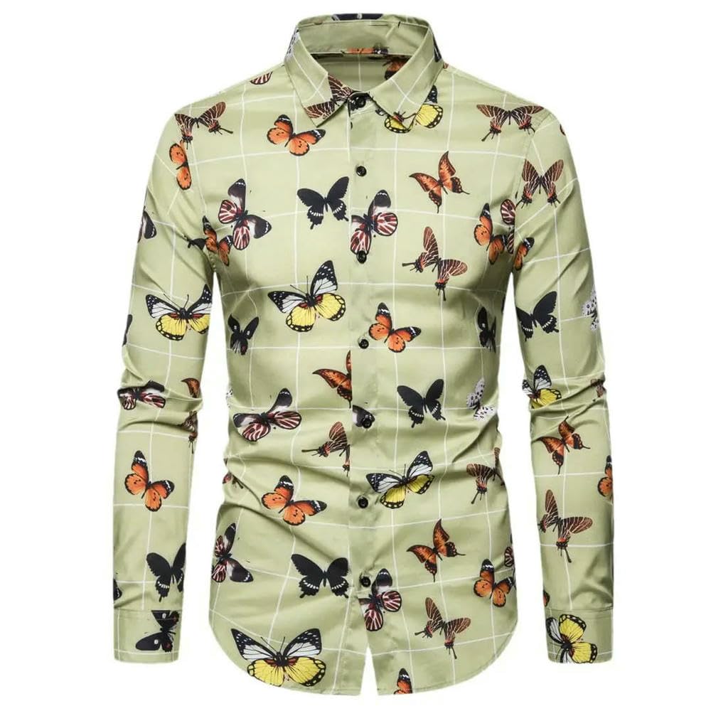 ZBDP - Camicia a maniche lunghe da uomo con stampa a farfalla, stile casual, in poliestere, con colletto hawaiano