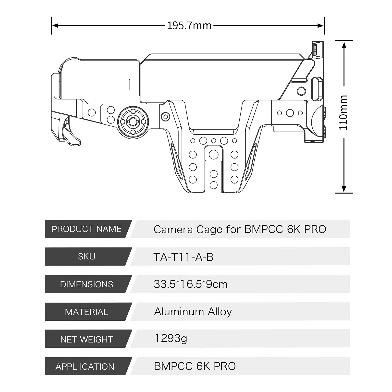 Tilta Basic Kit Compatibel met BMPCC 6K Pro Full Camera Cage Afneembaar Ontwerp Lichtgewicht Compact Duurzaam Eenvoudige Installatie Zwart TA T11 B B