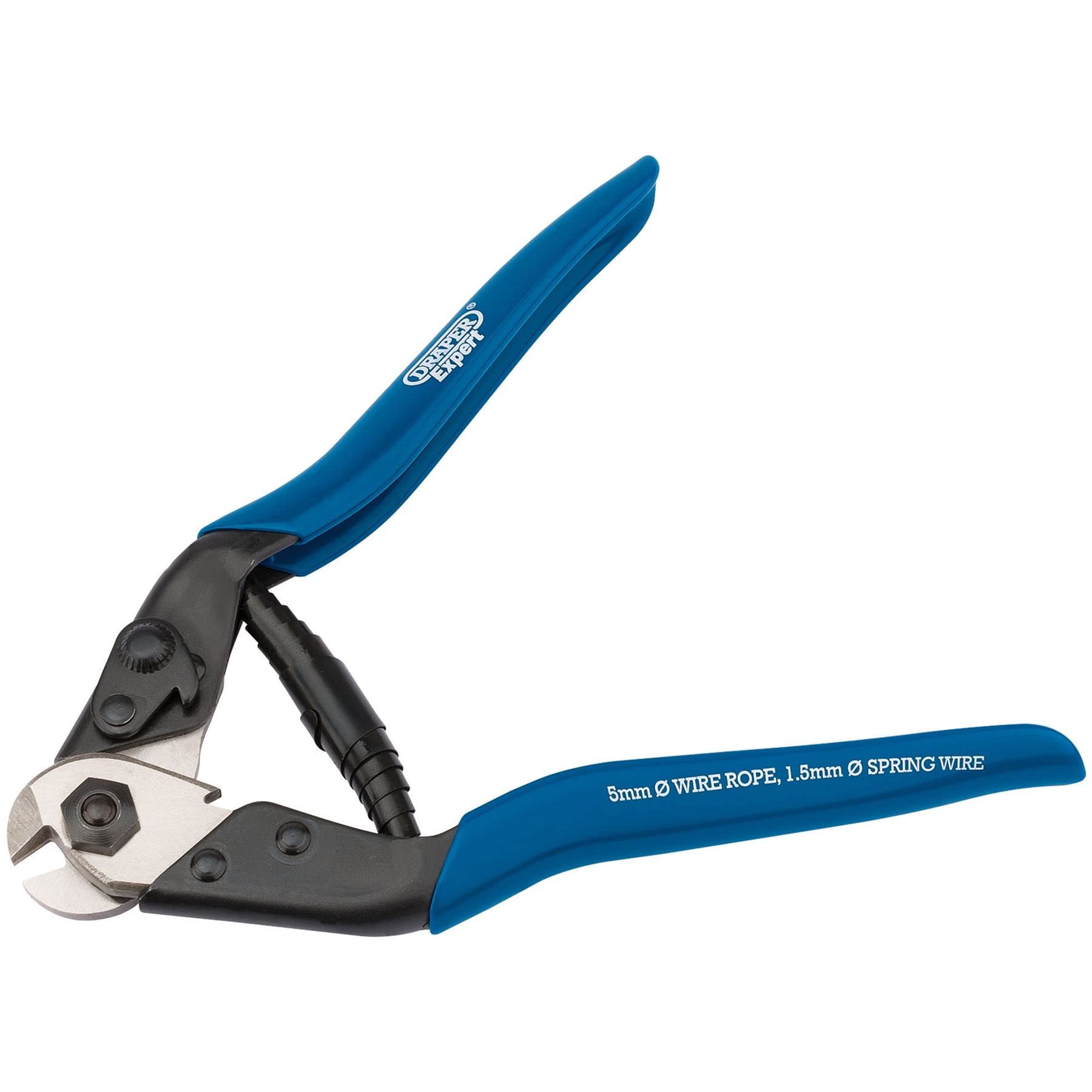 Draper Expert 190mm Wire Rope Cutter 5mm Max | 1.5mm Max Cutting Spring Wire Capacity | SK5 High Carbon Steel Blades | Vinyl Grips | Safety Lock | 57768