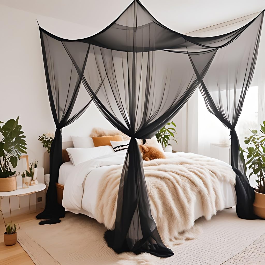 Bed Canopy, Black Canopy Bed Curtains for Twin Full Queen Size, Square Mosquito Net for Bedroom Patio Indoor Outdoor, Gothic Halloween Decoration