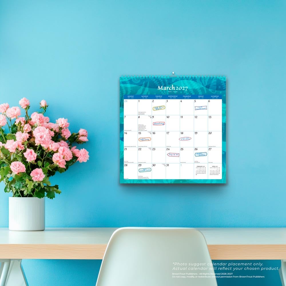 Seaside Currents | 2027 12 x 12 Inch (Hanging) Monthly Square Wire-O Calendar | Sticker Sheet | BrownTrout | Stationery Planning
