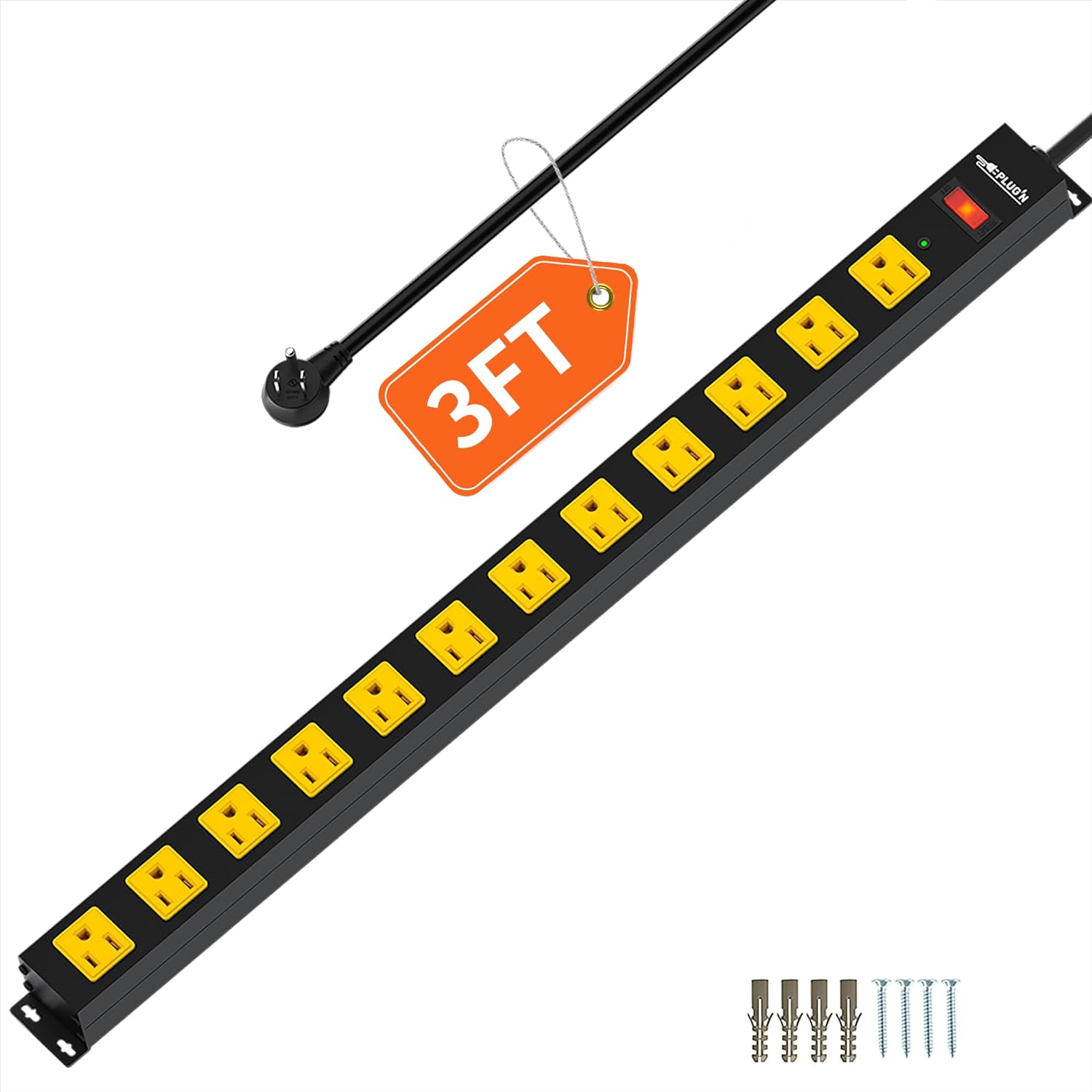 12 Outlet Long Power Strip, 3FT Power Cord, 2100 Joules Surge Protector, Wide Spaced Outlet Power Bar, Overload Protection Switch, Industrial Heavy Duty for Work Bench, Shop, Garage 12 outlet 3 FT