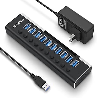 Powered USB Hub, Rosonway Aluminum 10 Port USB 3.0 Data Hub with 36W (12V/3A) Power Adapter and Individual On/Off Switches USB Splitter(RSW-A10)