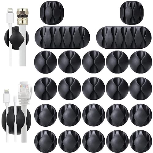 OHill Organizador de cables de escritorio, paquete de 24 clips de cable autoadhesivos negros, organizador de cables ideal para escritorio, mesita de
