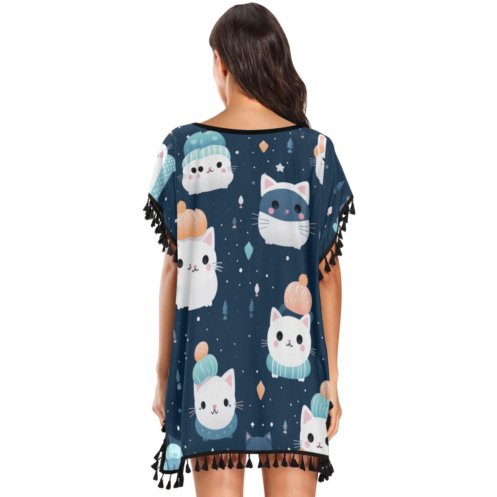 Blue Snow Cute Cat Kitty Women's Beach Cover Up Chiffon Tassel Swimwear Swimsuit Coverups for Girl