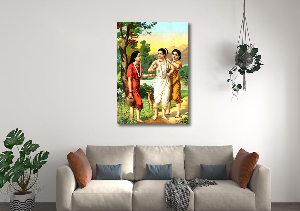 Image of Sikhash Raja Ravi Varma Canvas Paintings Classic Art, Indian Art, Famous Artist, Wall Painting for Living Room, Bedroom, Office, Unframed, Multicolor Fabric Size - 23x15 inches (58x38 cms, Shakuntala and Sakhis)
