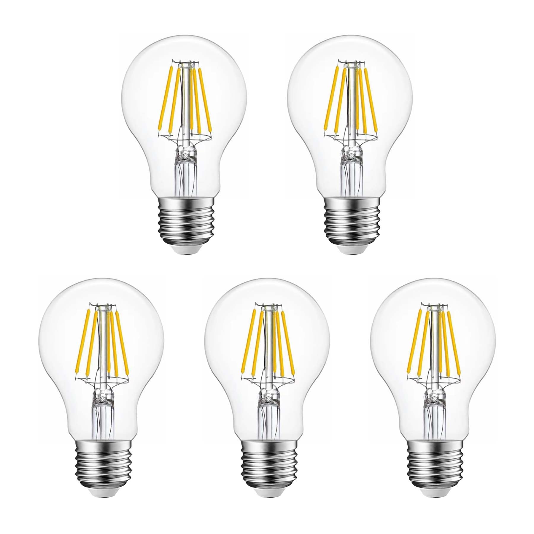 G.W.S® LED Filament Bulb, GLS A60 E27 Edison Screw, LED Globe Bulb, 8W Dimmable Day White 6400K, Clear Glass, Pack of 5