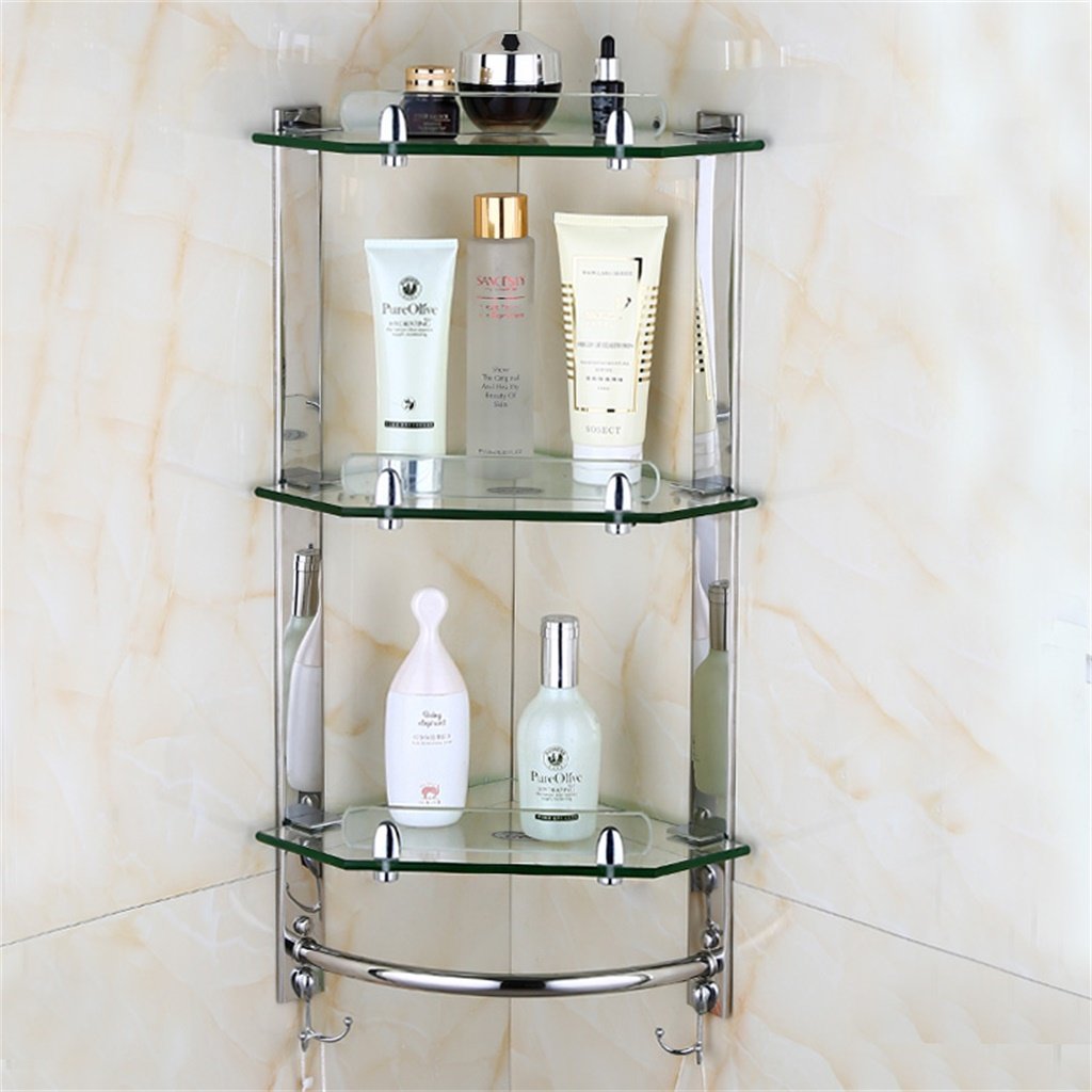 Estante de baño europeo de cristal montado en la pared con trípode de acero inoxidable, elegante estante de almacenamiento de esquina de ducha