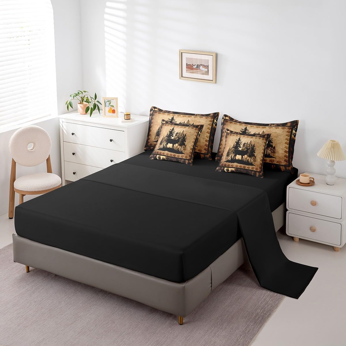 Feelyou Cute Deer Comforter Set with Sheets 7 Piece Queen Size for Girls Boys Kids Deer Hunting Bed in a Bag Room Decorative Bear Paw Print Tree Pattern Bedding Set Exotic Style Brown Bed Set