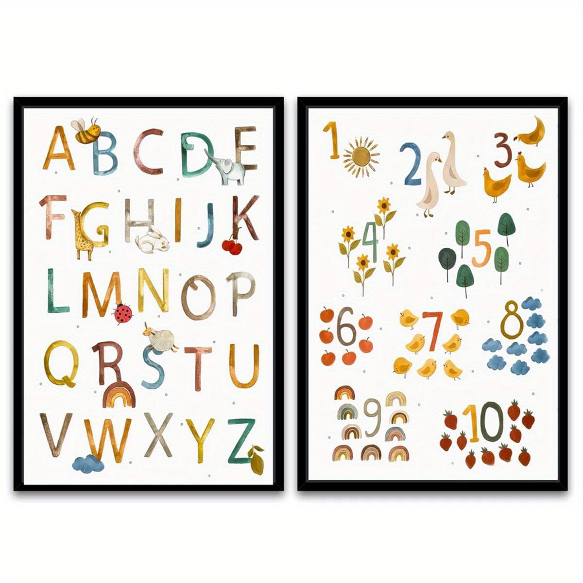 GLWDME Toile murale éducative avec alphabet, chiffres et lettres, images, affiches et impressions pour chambre à coucher, peinture murale（Encadrée）