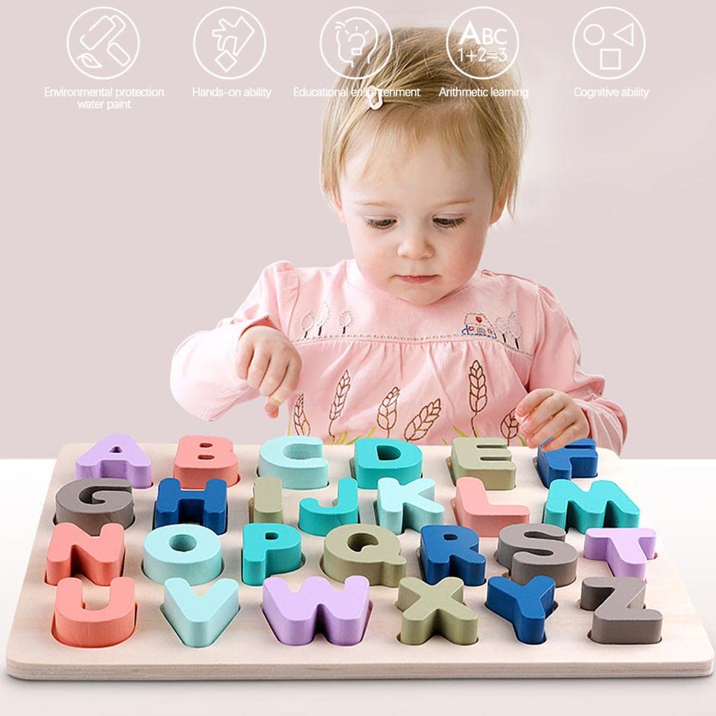 Puzzle Juego Educativo Tablero de Madera Bloques Apilables para Desarrollo Niños Bebés Motricidad Fina Coordinación Mano Ojo Apre, Carta mayúscula