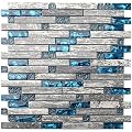 Blujellyfish Gray Marble Tile for Kitchen Backsplash 12 in. x 12 in. x 8 mm Teal Blue Glass Mosaic Bathroom Shower Wall Linear Tiles (Pack of 5 Sheets)