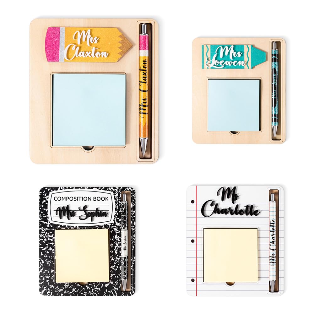 BYFDIY Custom Sticky Note Holder for Teacher - Wooden Personalized Name Pads Holder With Pens, Notepad - Appreciation Back to School Gift - 4 Styles