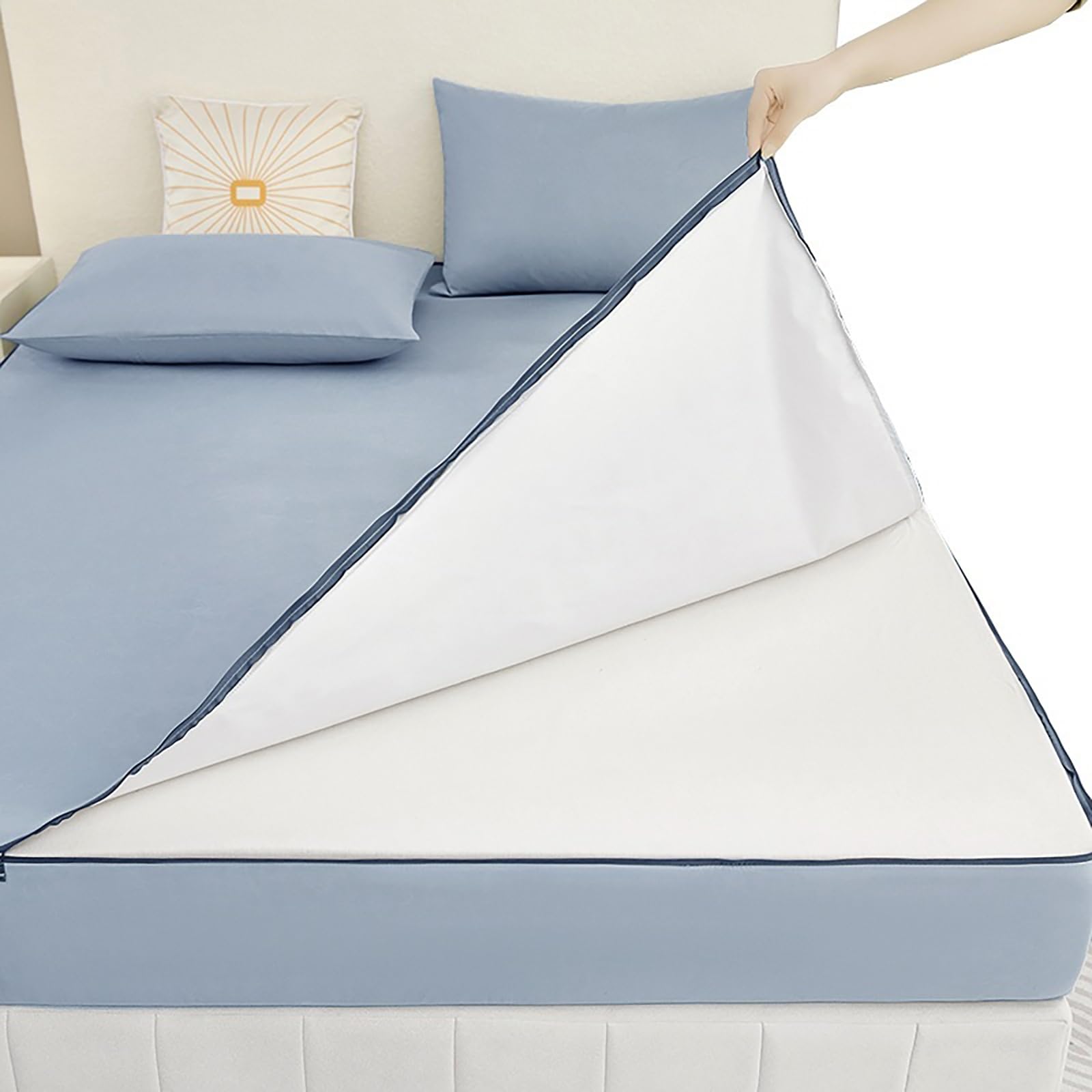 Coprimaterasso Matrimoniale/Singolo con Cerniera – Fodera Copri Materasso 6 Lati Traspirante, Rivestimento Completo con Cerniera e 2 Federe, Lavabile(Blu,90x190x15cm)