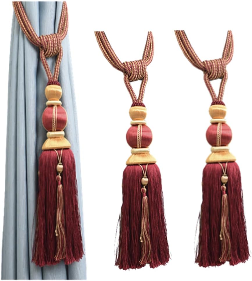 Curtain Tiebacks Holdbacks Sling Binding Rope Handcrafted Tassels Lantern Single Hanging Ball Tie Backs Home Office Window Decorative Drapery Fasteners Fringe Ropes 2 Pack (Burgundy)