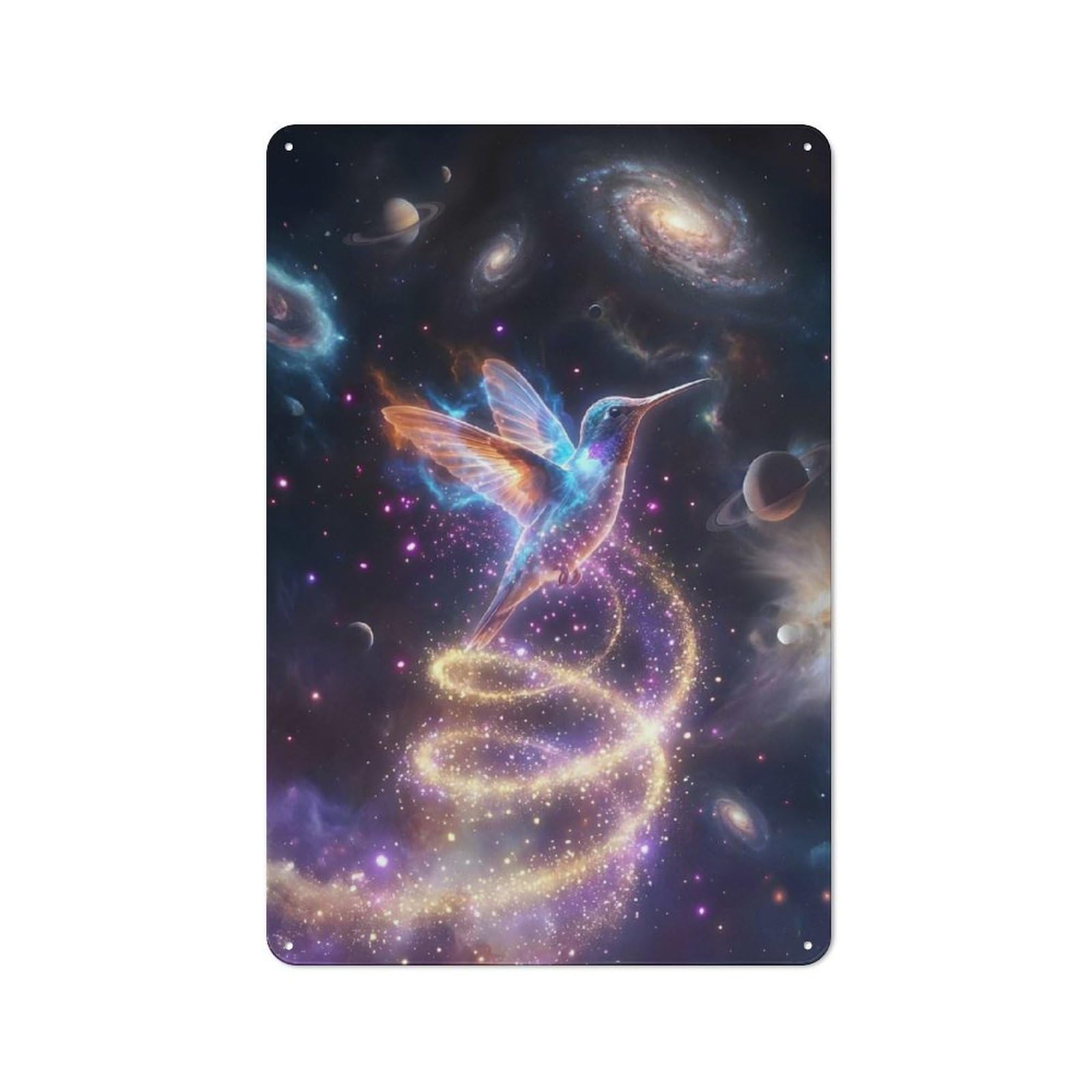 Decorative Metal Sign with Cosmic Hummingbird in Nebula Design 30x20cm, Cosy Cafe Wall Decor for Kitchen, Cafe, Pantry Or Dining Room